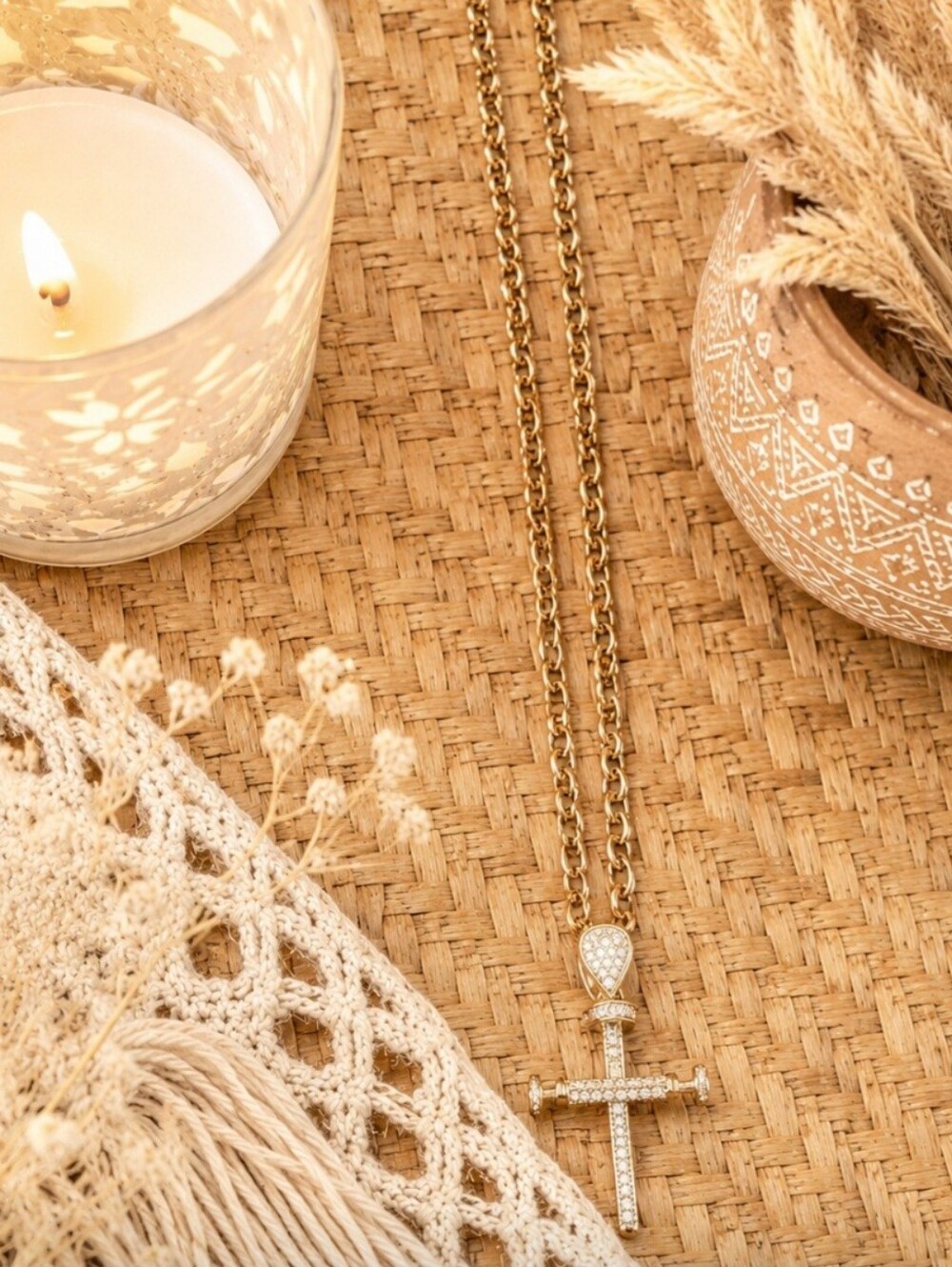 Gold Crystal Cross Pendant Necklace - Women Jewelry
